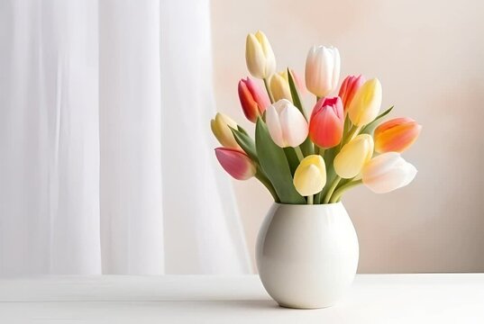 Vibrant arrangement of fresh tulips in varying colors gracefully stands within a chic white vase, set against a softly lit neutral background with flowing sheer curtains