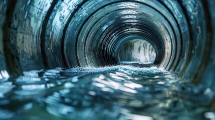 Perspective view inside a large, modern aqueduct pipe, water flowing, metallic interior realistic