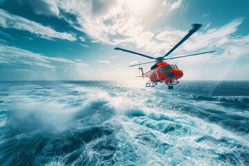 Emergency rescue helicopter conducts search and rescue operation over the sea surface, scouring for victims following a crash.







