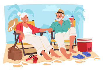 Older Couple Enjoys A Relaxing Day On A Sandy Beach, Sitting In Beach Chairs With Tropical Drinks In Hand