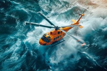 Fototapeta premium Emergency rescue helicopter conducts search and rescue operation over the sea surface, scouring for victims following a crash.