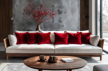 Elegant living room with white sofa, red cushions, and modern decor