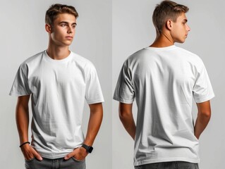 Men's white blank T-shirt template,from two sides, for your design mockup for print, isolated on white background 