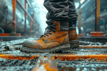 Construction worker dons protective shoes at a site, ensuring safety against accidents. Essential footwear for factory work.







