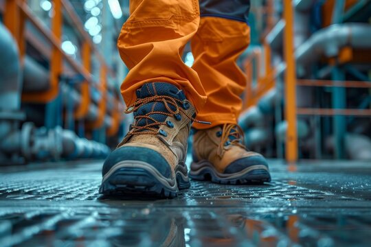 Construction worker dons protective shoes at a site, ensuring safety against accidents. Essential footwear for factory work.







