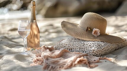 Concept background of summer beach rest with woman in sun hat, crystal wine glasses, bottle of sparkling wine in mesh bag on natural beach towel on sand, sunlight shadows, pastel color lifestyle.