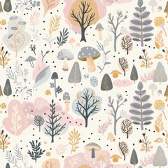 Enchanted Forest Pattern with Whimsical Trees and Mushrooms