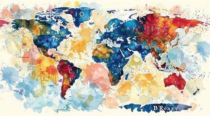 Colorful watercolor world map illustration with abstract splashes and flag labels