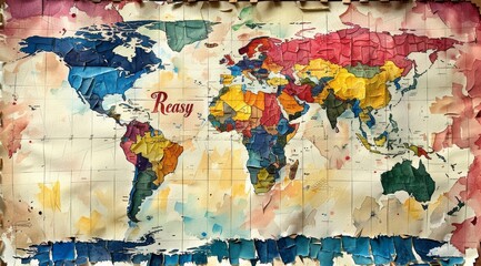 Colorful watercolor world map on paper showing a vibrant representation of continents and countries