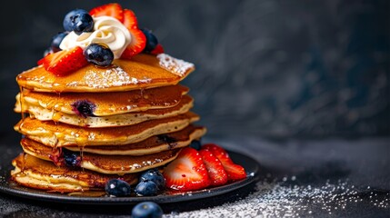 Delectable Berry Topped Pancakes Drizzled with Syrup on a Dark Plate