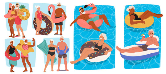 Elderly Friends Have Fun In A Swimming Pool Flaunting Inflatable Tubes, Rings and Floats, Old Carefree People Smile