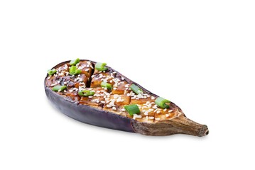 Teriyaki sesame seed baked eggplant on a white isolated background