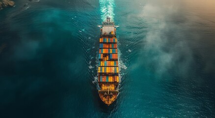 Aerial view of a large cargo ship loaded with colorful containers sailing through blue ocean water