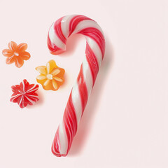 Christmas background with red candy cane with jelly beans