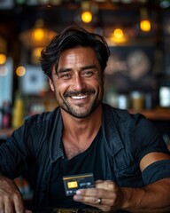 Handsome Man With Black Credit Card Smiling Confidently at Urban Cafe, Financial Freedom Concept
