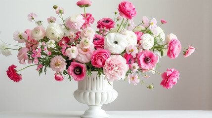 Beautiful bouquet of pink and white ranunculus and anemones in a white vintage vase