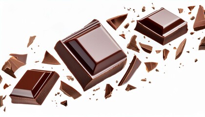 Chocolate bar piece explosion chunk candy broken isolated milk cocoa fly white background. Break bar chocolate fall air food chip snack dark piece dessert black ingredient burst parts cacao sweet. See