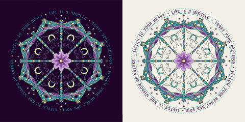 Circular ornament like mandala with chamomile flower, fantasy colored dragonfly with curled antennae in Art Nouveau style. Text with inspirational short phrases. Vintage style.