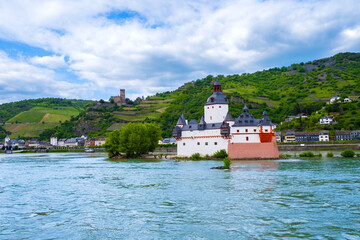 Pfalzgrafenstein Castle on island on Rhine river with Castle Gutenfels, Kaub town, Rhine valley...