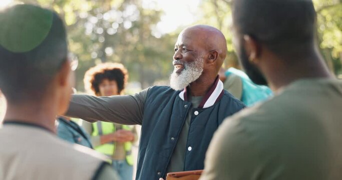 Volunteer, outdoor and team leader with handshake, welcome and group with earth day, sunshine and cooperation. People, ngo or nature with environment, climate change or ecology with greeting or hello
