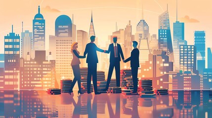 Business meeting with handshake in cityscape background, representing partnership and teamwork in urban setting at sunset.