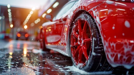 Vibrant image of a red sports car being washed at dusk with soapy water and city lights