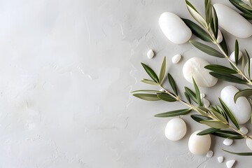 Minimalistic Olive Branch with White Stones on Grey Background