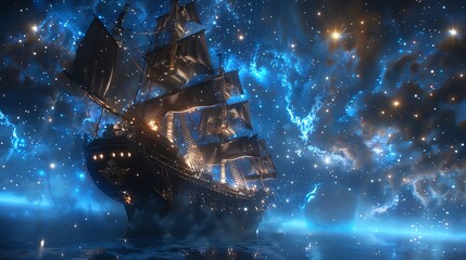 Magical ship sailing through a starry cosmic sea under a bright, glowing night sky filled with vibrant blue and mystical lights.