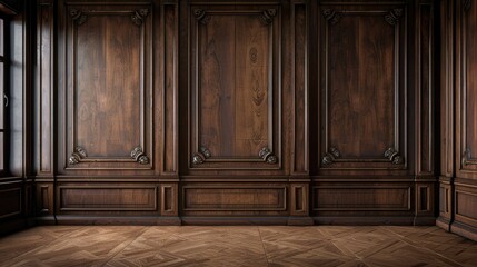 Premium style an empty room with wooden boiserie on the wall, featuring walnut wood panels. wooden wall of an old styled room realistic