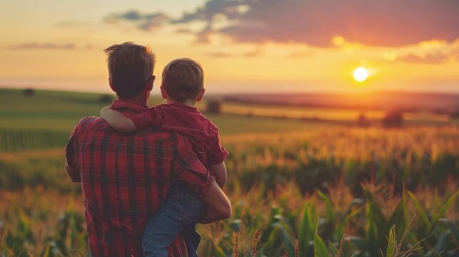 A farmer and young son is relaxing at his corn field or maize field at agriculture farm after work.