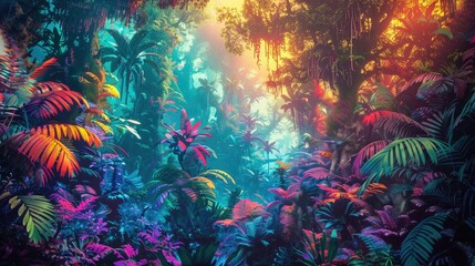 Psychedelic digital painting of a rainforest, flora and fauna blending and morphing into fractal patterns, vivid neon colors, optical illusions realistic