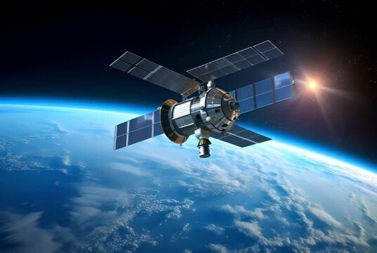 satellite equipped with solar panels orbiting above the blue earth, with the sun casting rays in the vastness of outer space