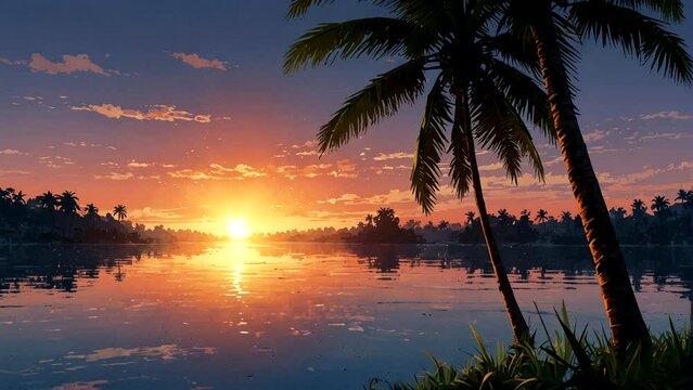 Animation Summer landscape with a beautiful lake with flying birds, palm trees and sunset  Seamless looping 4k time-lapse animation video background
