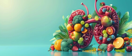 3D illustration of a pair of kidney made of fruits and vegetables. Conceptual 3d illustration with copy space.
