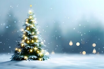 Illuminated Christmas Tree in Snowy Winter Night Landscape