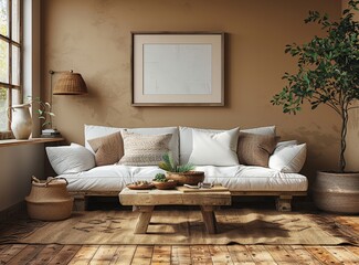 Cozy and elegant living room interior with a plush white sofa, rustic decor, and natural lighting