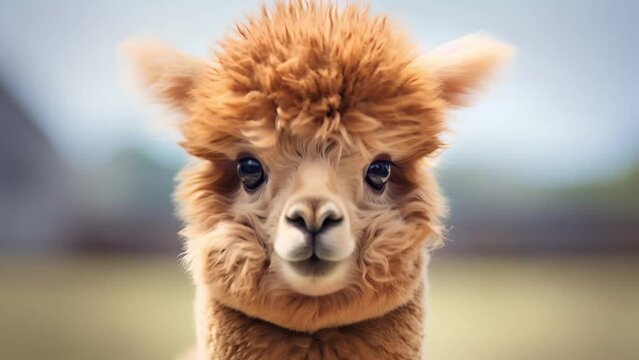 Close-up of a cute alpaca with a fuzzy brown coat, large expressive eyes, and a gentle demeanor, set against a soft-focus background, perfect for illustrated children's books or whimsical designs