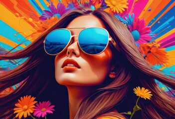 Illustration of a long haired girl in sunglasses on an colored background