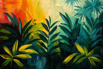 Obraz premium Painting of a tropical scene with palm trees