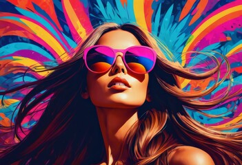 Illustration of a long haired girl in sunglasses on an colored background