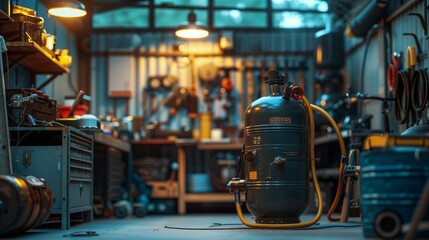 Dark Blue Airbrush Tank with Yellow Hose in Vintage Garage