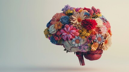 3D illustration of brain made of flowers in blank and plain background. Copy space for text.