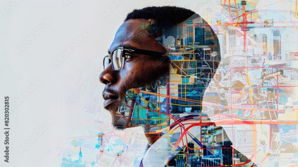 Poster the image shows a man with glasses looking to the right. half of his face is covered with colorful c