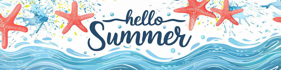 Hello summer text on watercolor blue background with ocean waves and starfish. Calligraphy lettering. Travel and vacation concept. Greeting card or banner in retro style
