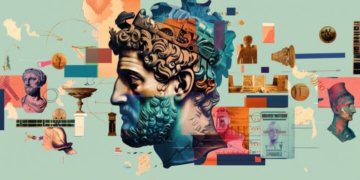 The image shows a colorful collage of ancient Greek and Roman sculptures with a focus on a male head.