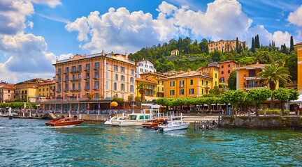 Bellagio, Lombardy, Como lake, Italy. Famous Italian village and popular European travel destination. Summer scenery como lake town landscape with boats