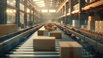 Obraz premium Busy Warehouse With Conveyor Belt Full of Boxes