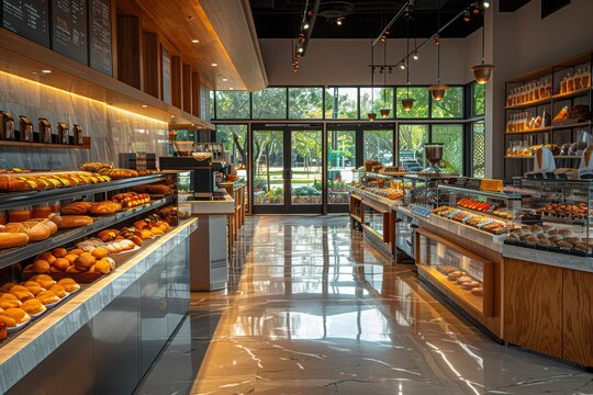 modern bakery design, the vacant bakery showcases its equipment and stainless steel counters, enticing customers to explore its array of items