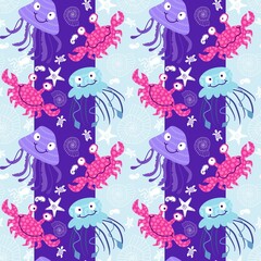 Summer animals print seamless cartoon crabs and jellyfish pattern for wrapping