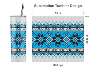 Knitted Christmas pattern. Seamless sublimation template for 20 oz skinny tumbler. Sublimation illustration. Seamless from edge to edge. Full tumbler wrap.